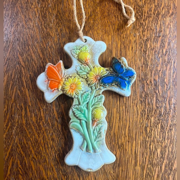 Other - Floral Ceramic Cross with Butterfly Accents Wall Art